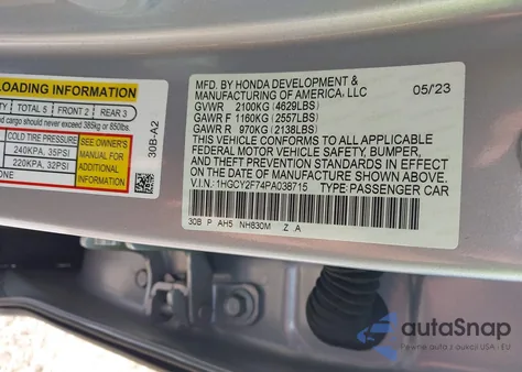 2023 Honda Accord Hybrid Sport-L from USA, damaged, VIN 1HGCY2F74PA038715